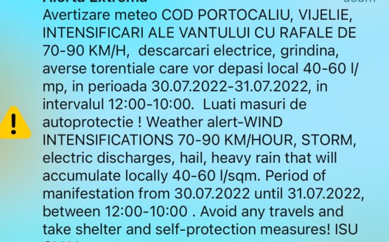 Vine FURTUNA! Au fost trimise mesaje RO-Alert la Cluj-Napoca