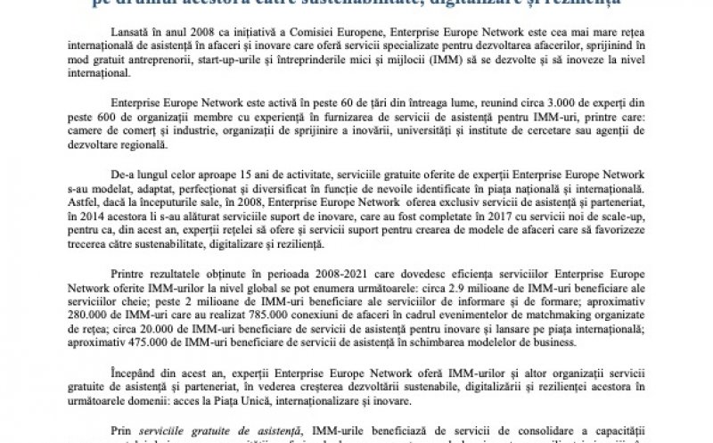 Enterprise Europe Network – cea mai mare rețea internațională de asistență în afaceri și inovare pentru IMM-uri,   pe drumul acestora către sustenabilitate, digitalizare și reziliență 