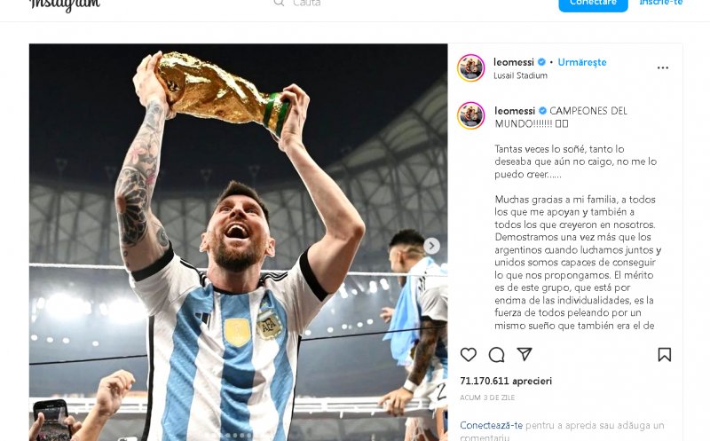 Messi, RECORD pe Instagram, cu o postare care a depăşit 70 de milioane de like-uri