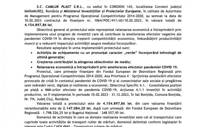 Anunț demarare proiect Camluk Plast SRL