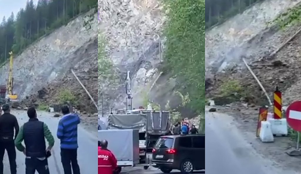 Alunecare uriașă de teren, la Pasul Puzdra. La un pas de o tragedie, cu muntele care s-a prăvălit pe şosea