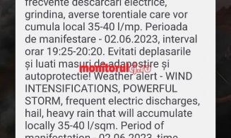 Mesaje Ro-Alert emise în Cluj-Napoca! COD PORTOCALIU de furtună în mai multe zone din județ