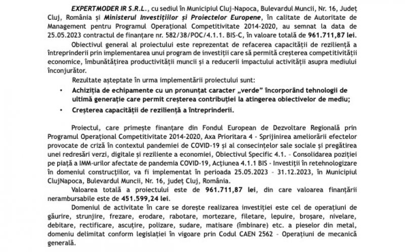 Anunț demarare proiect