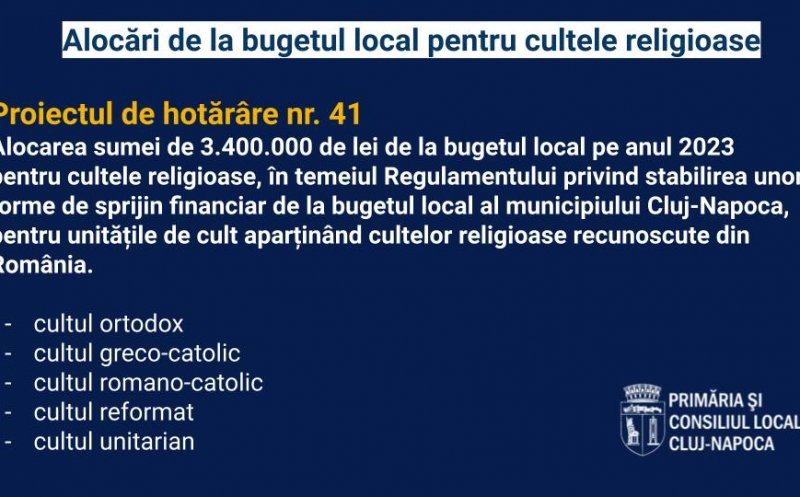 Alocare de 3.400.000 de lei pentru cultele religioase din Cluj-Napoca
