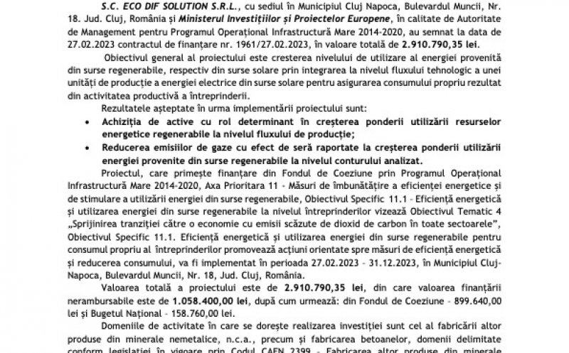 Anunț demarare proiect Eco Dif  Solution