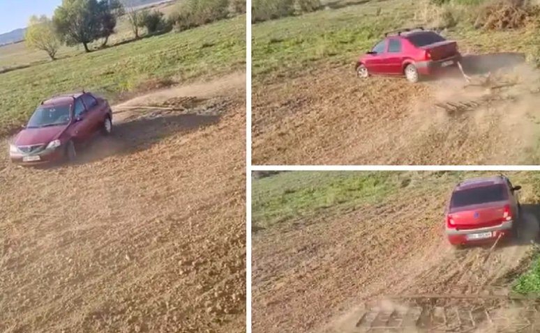 Cine are nevoie de tractor când ai un Logan? Un ardelean și-a lucrat terenul cu puternicul său bolid