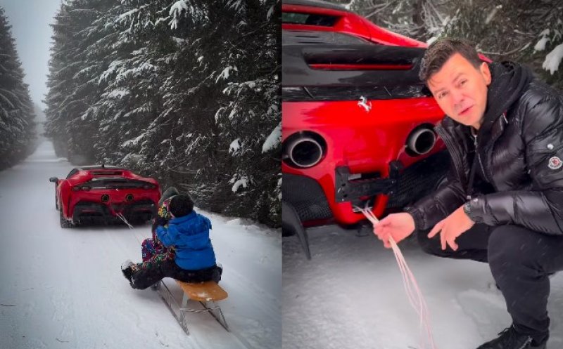Ce fac bogații Clujului de Crăciun. Fiul milionarului Căpușan a tras cu Ferrari-ul o sanie cu trei copii: „Numai în România vezi asta”