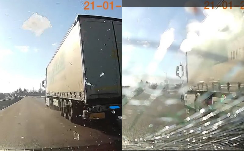 Ghinion în trafic. O bucată de gheață, căzută de pe un TIR, a făcut praf parbrizul unui șofer clujean