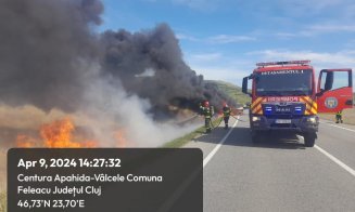 ARDE o autoutilitară încărcată cu cauciucuri, pe un drum din Cluj! Focul s-a extins la stufăriș / Se aglomerează