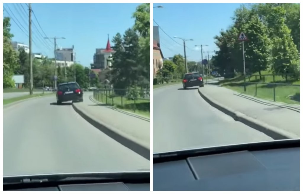 Scene bizare în Gheorgheni: Mașină condusă atât pe trotuar, cât și pe carosabil. "Atunci când o bandă de mers nu îți ajunge..."