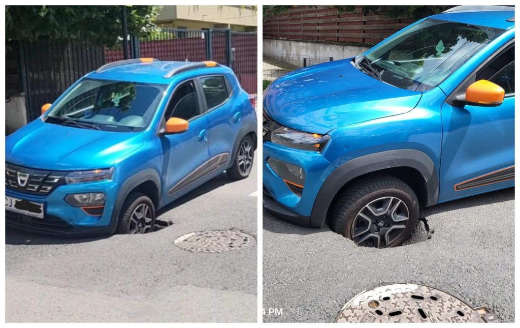 O mașină s-a oprit direct într-o groapă apărută în asfalt pe o stradă din Cluj-Napoca. "Bine că nu a trecut vreo basculă"