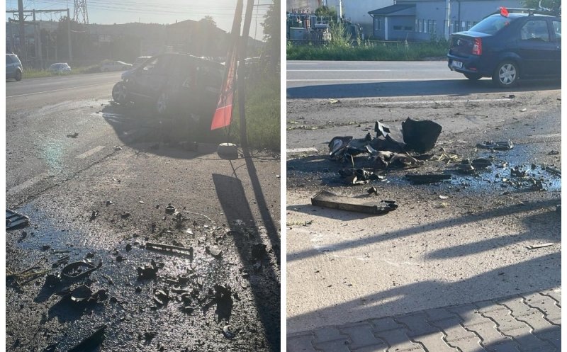ACCIDENT grav în Cluj-Napoca. O mașină a intrat într-un cap de pod și s-a răsturnat