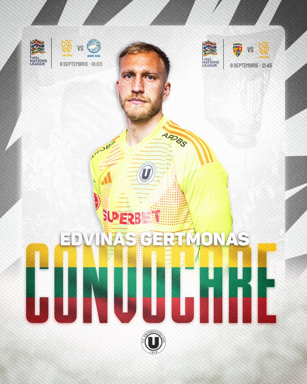 Edvinas Gertmonas, convocat la naționala Lituaniei. Portarul se va duela cu România în Liga Națiunilor