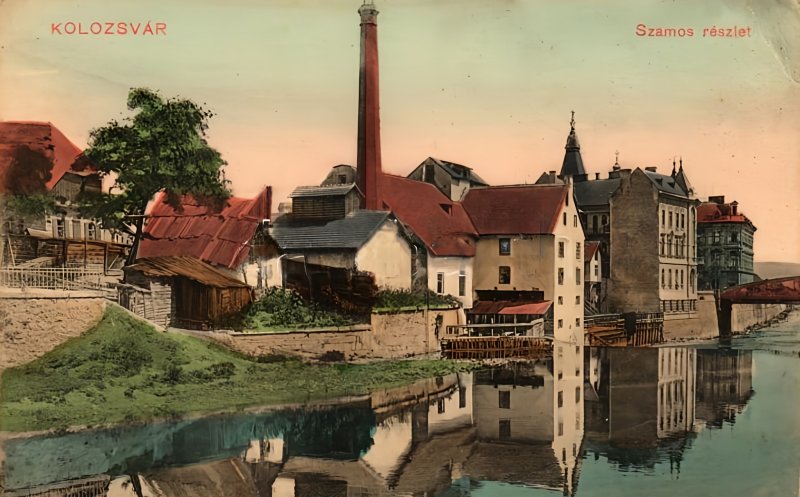 Someșul, moara mare de sub Cetățuie și vechiul pod de fier, în jur de 1910