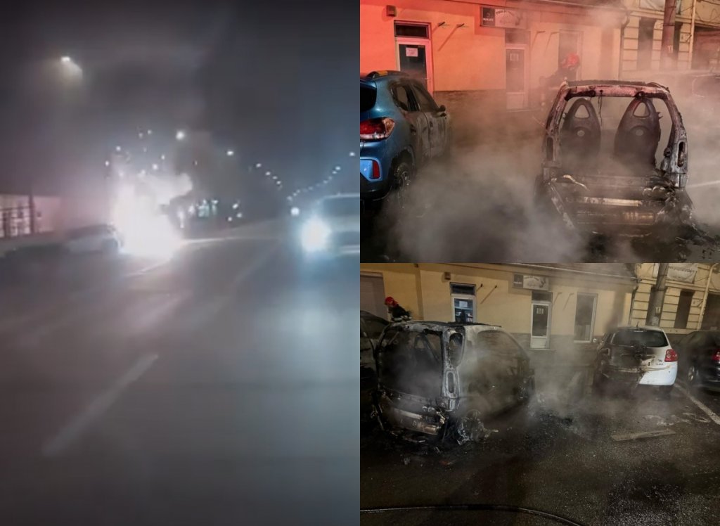 Momentul exploziei pe Calea Dorobanților din Cluj, surprins de o cameră de bord. Trei mașini au luat foc