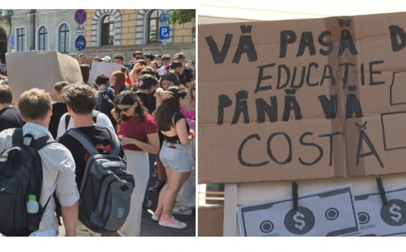 Studenții, protest în centrul Clujului față de reducerea burselor: "Educația nu e un moft"