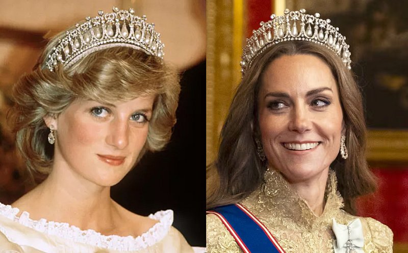 Tiara purtată de Kate Middleton la cina de stat cu Donald Trump, de la Palatul Windsor, moștenită de la prințesa Diana. Singura tiară regală pe care Lady Di a purtat-o în viață