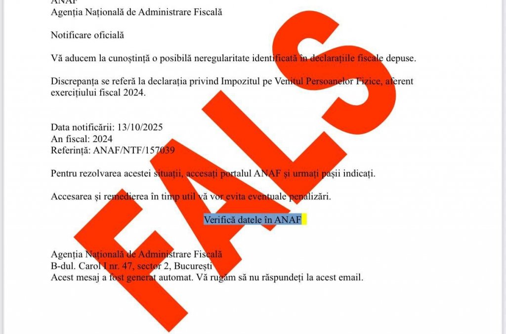 Atenție! Emailuri înșelătoare în numele ANAF. "NU accesați linkurile primite de la ion@impal"