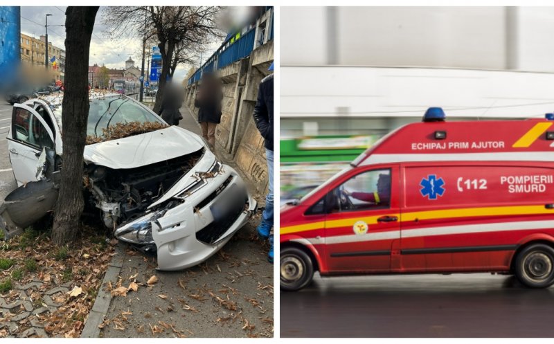 Accident grav în Cluj-Napoca: un autoturism a fost făcut praf după ce s-a izbit de un copac. Un bărbat a fost transportat la spital