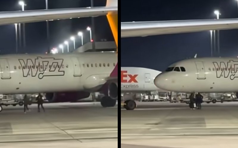 Români, alergând pe pistă după ce au pierdut cursa Wizz Air. Au spart și geamul unei ieșiri de urgență: ”Cât de prost trebuie să fii să faci asta...”