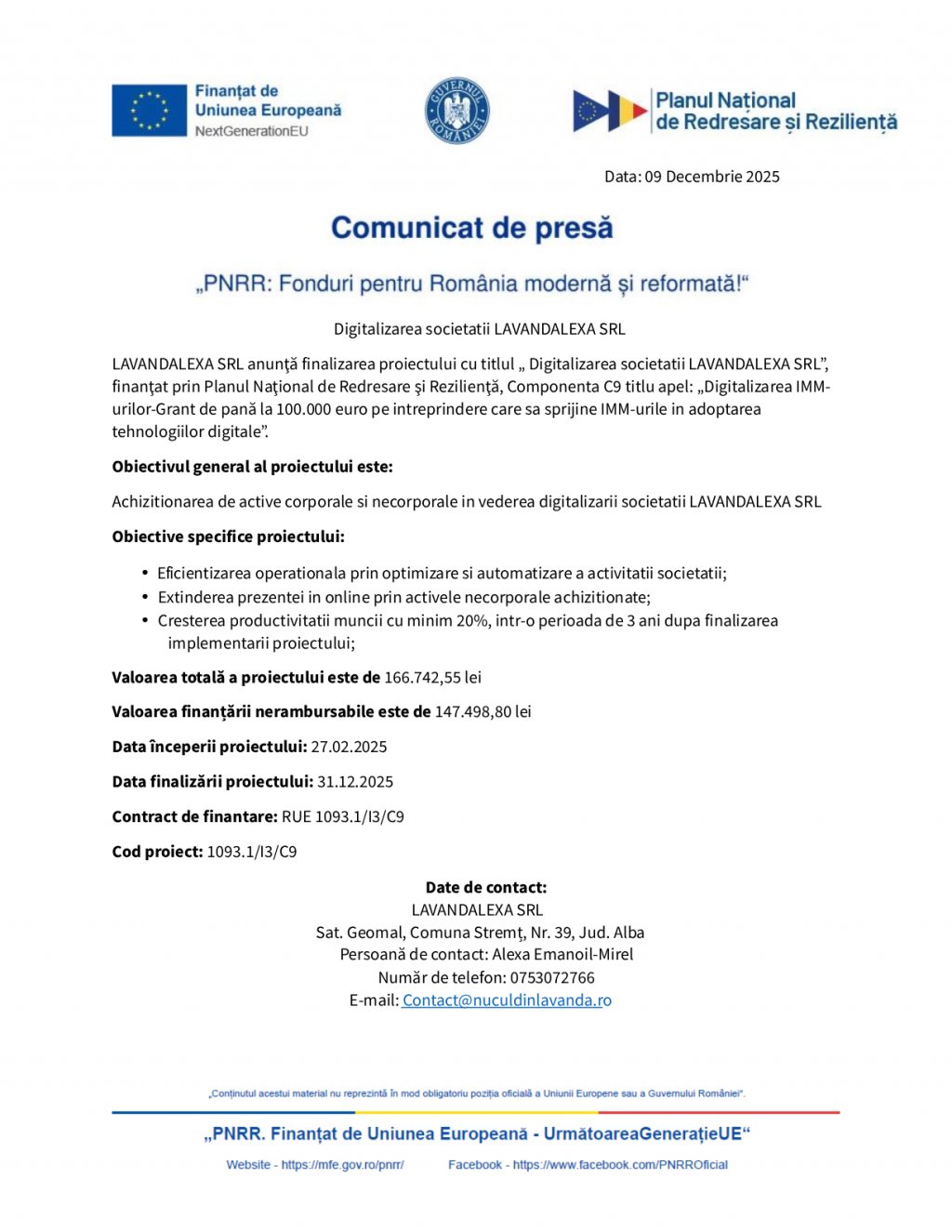 Comunicat de presă „PNRR: Fonduri pentru România modernă și reformată!" - Digitalizarea societatii LAVANDALEXA SRL