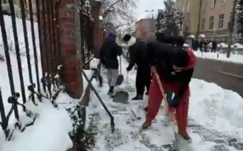 Gest de excepție. Handbaliștii de la "U" Cluj curăță zăpada din oraș