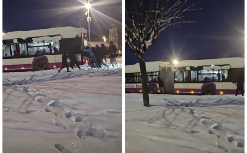 Imagini incredibile: mai mulți clujeni au fost surprinși în timp ce împing un autobuz CTP care nu mai pornea