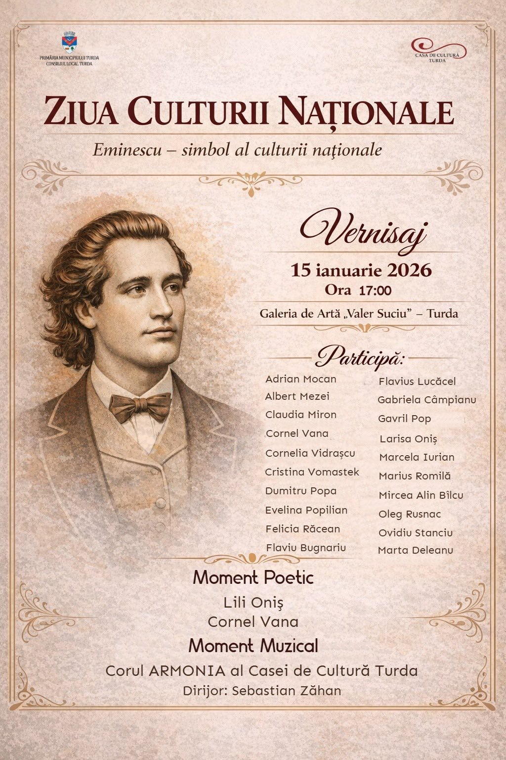 Turda sărbătorește Ziua Culturii Naționale pe 15 ianuarie: Artă, teatru și poezie. Programul evenimentelor