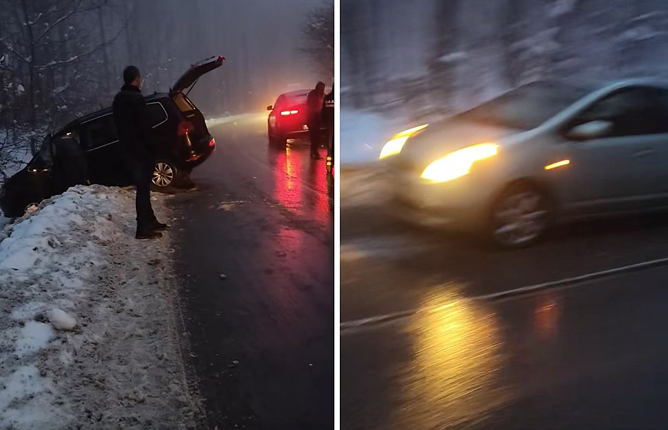 Polei pe drumul din Făget. Cu mașinile de pe ”patinoar”, în șanț / ”Și acuma primarul e de vină că omul nu a adaptat viteza la condițiile de trafic?”