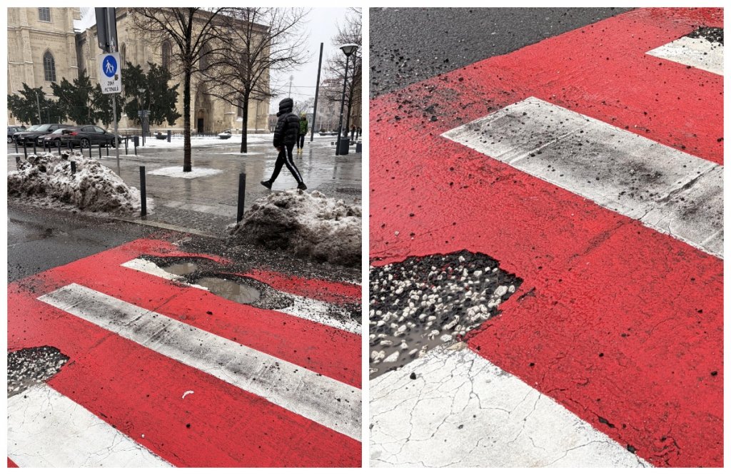 O trecere de pietoni din centrul Clujului arată ca după bombardament. "Și gropile-s de cinci stele aici"