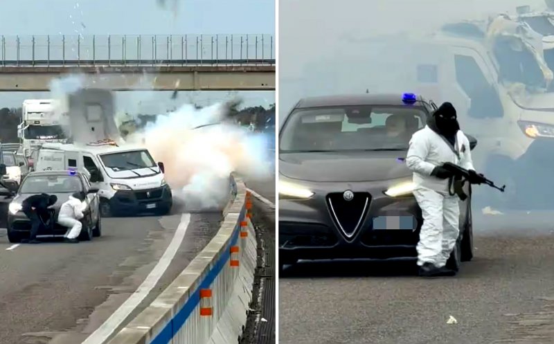 Jaf ca în filme pe o autostradă din Italia. Incidentul șocant, cu mașina blindată de valori atacată de un comando, transmis în direct pe rețelele sociale