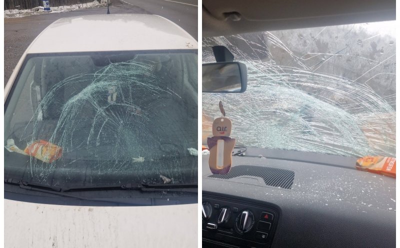 Pățania unui șofer clujean: o bucată de gheață i-a făcut praf parbrizul în trafic