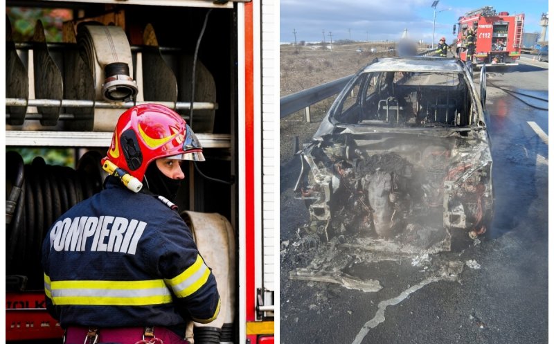 Intervenție dramatică a pompierilor clujeni pe DN1: un autoturism a luat foc