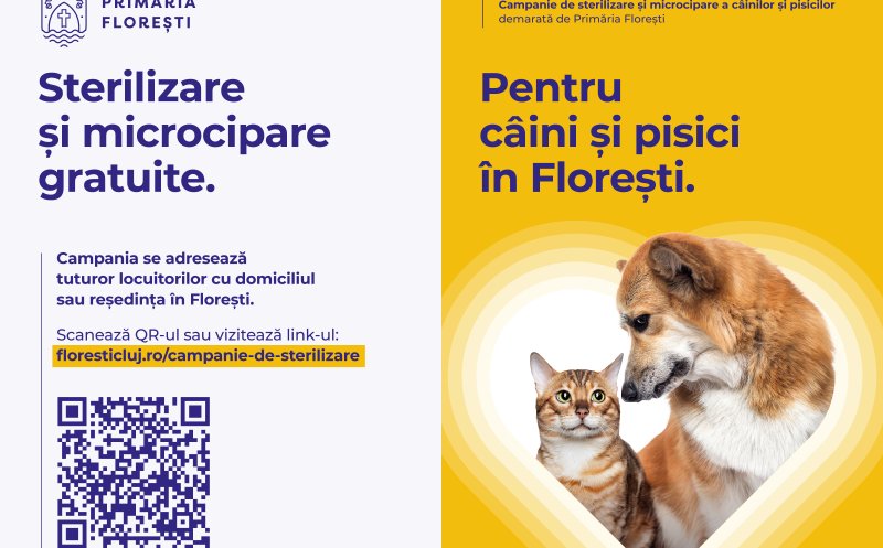 Primăria Florești lansează campania de sterilizare și microcipare gratuite pentru câini și pisici, pe tot parcursul anului 2026
