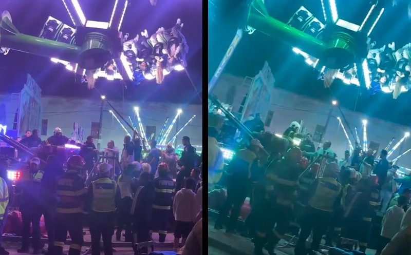 Scene de GROAZĂ într-un carusel blocat. 14 tineri au rămas 40 de minute cu capul în jos la 5 m înălțime / Au intervenit pompierii