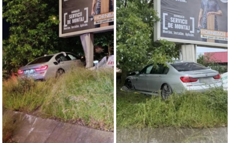 Cursă nebună pe Calea Turzii din Cluj, surprinsă de o cameră de bord: un tânăr urmărit de poliție s-a oprit într-un panou publicitar