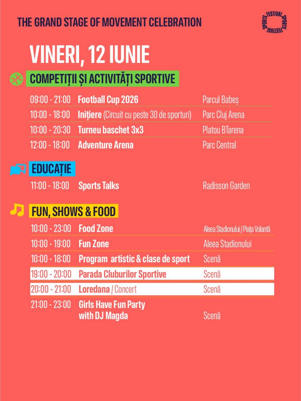 Sports Festival 2026. Programul zilei de vineri la Cluj-Napoca