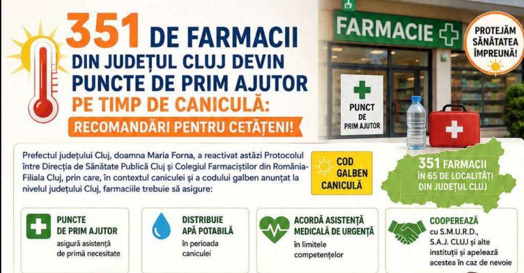 Peste 350 de farmacii din județul Cluj devin puncte de prim ajutor pe timp de caniculă