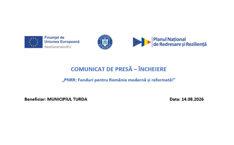 Comunicat de presă: Finalizare proiect „RENOVAREA ENERGETICĂ APROFUNDATĂ A CLĂDIRII ȘCOLII GIMNAZIALE ANDREI ȘAGUNA, MUNICIPIUL TURDA”