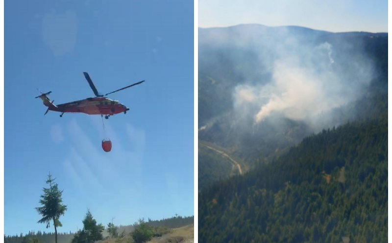 Incendiul din pădurile de la Mărișel, greu de stins: intervenție de amploare cu elicopter Black Hawk și Bambi Bucket de 2.500 de litri