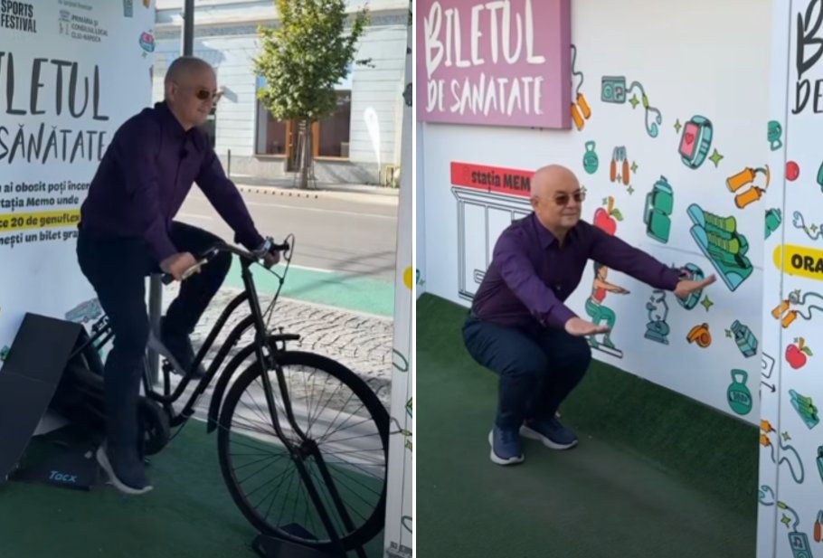 Faci sport, mergi gratis cu autobuzul! Emil Boc a pedalat și a făcut genufexiuni în stația de pe Ferdinand