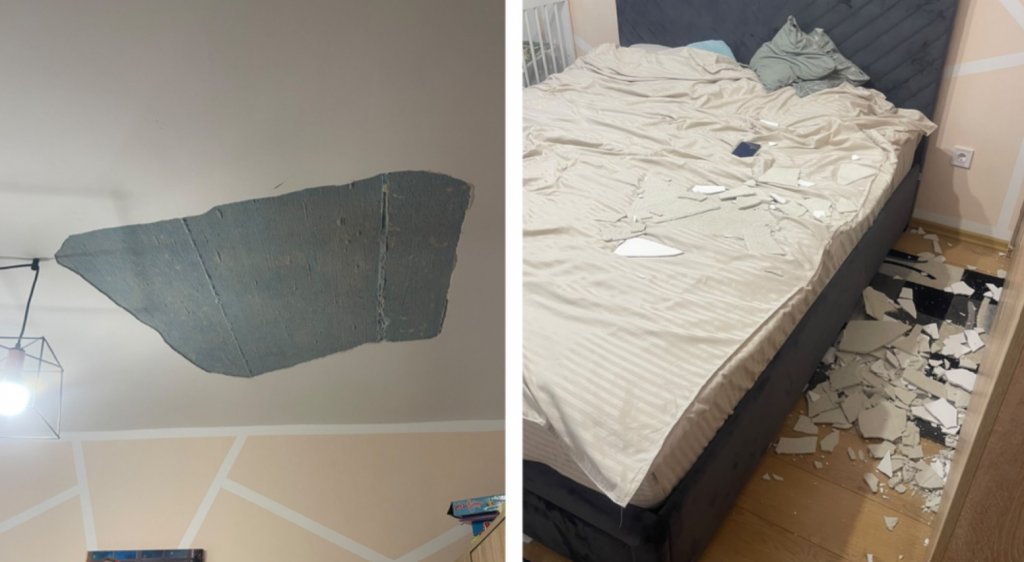 Tencuiala tavanului a căzut peste un copil de 6 ani, într-un bloc ANL din Dej. Problemele continuă la doi ani de la inaugurare